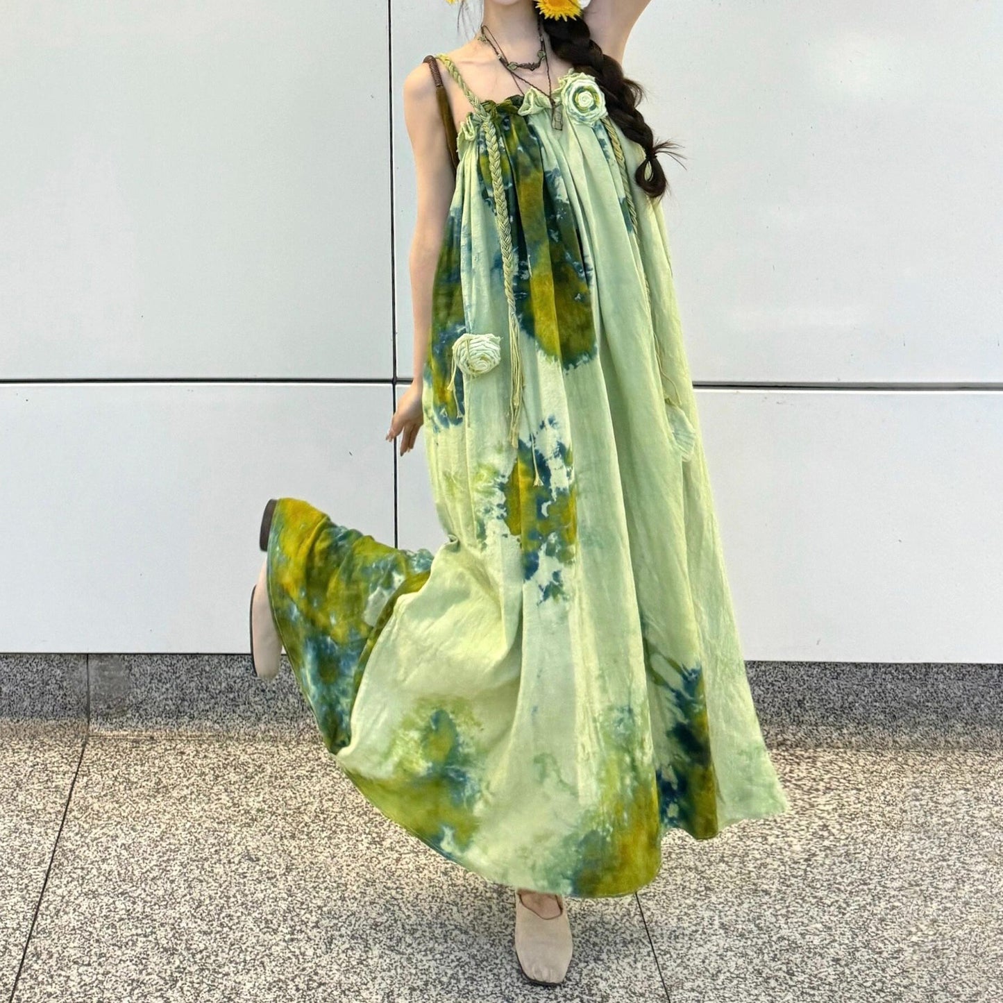 【ワンピース】水墨画風 グラデーションプリント ノースリーブワンピース 夏 大人可愛い 涼感 体型カバー リゾートワンピース【SHシリーズ】