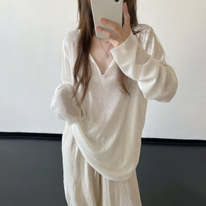【トップス】Vネックリネン風ビッグTシャツ レディース ゆったり 長袖 UV対策 ミニマルコーデ【FCシリーズ】