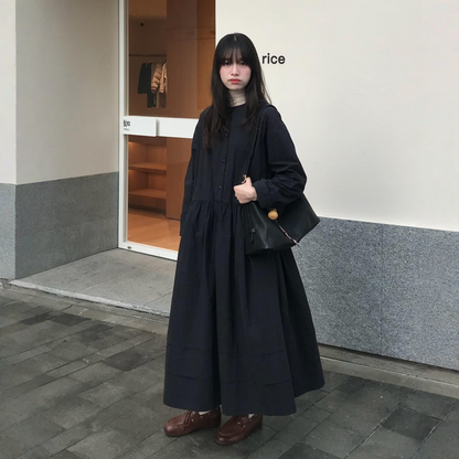 【ワンピース】ラウンドネック レイヤード風 フレアロング丈 ワンピース 【JZシリーズ】