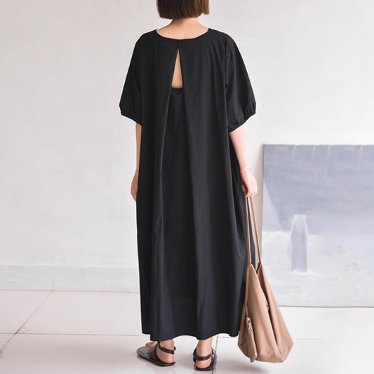 【ワンピース】【10～15日内発送】バックオープンデザイン カジュアルゆったり ロングワンピース 夏 シンプル半袖ドレス【JZシリーズ】