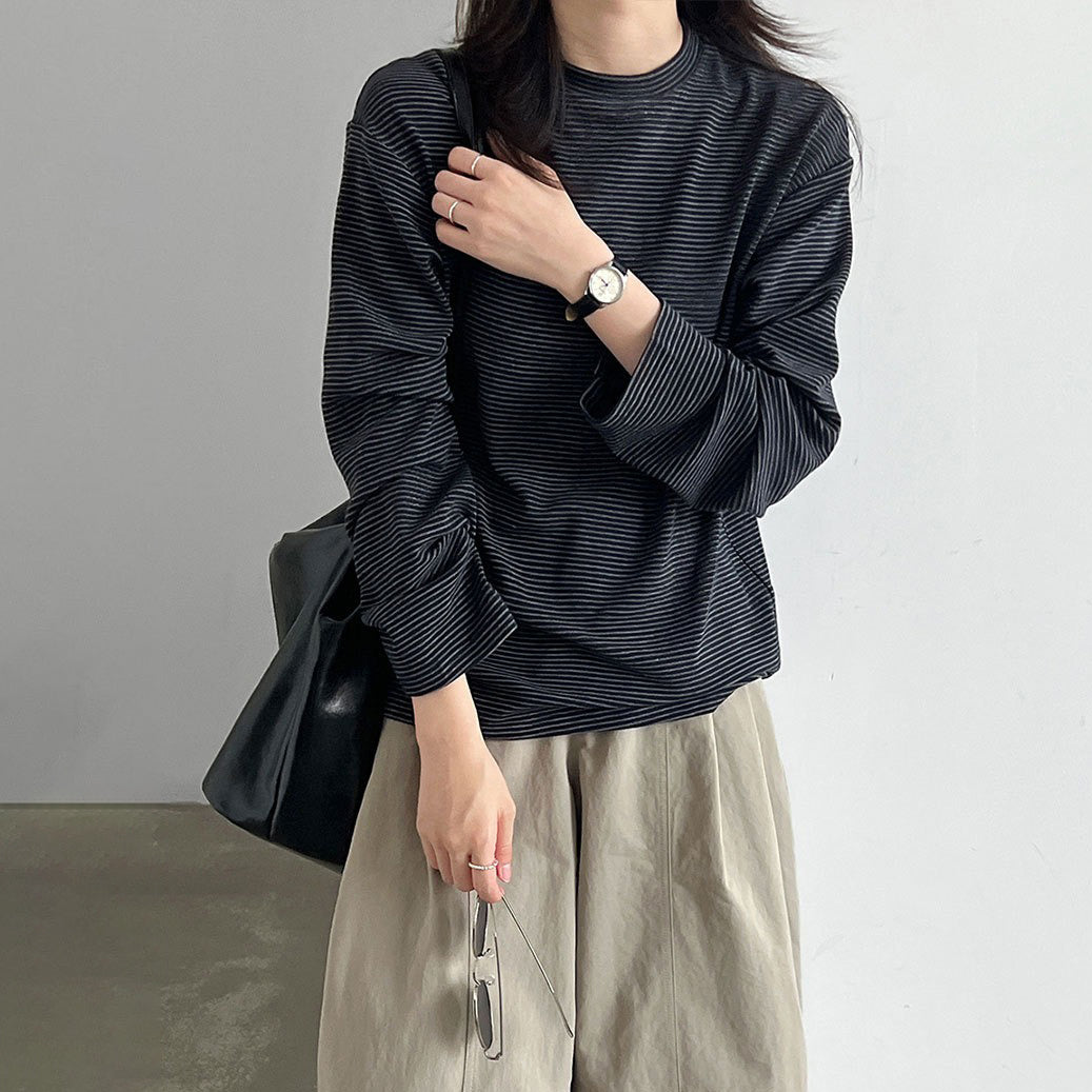 【トップス】ハイネックボーダー長袖Tシャツ レディース 春秋コーデ ゆったり リラックス インナー シンプルトップス【JZシリーズ】
