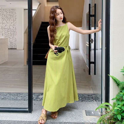 【ワンピース】ライムグリーン ストライプ 配色 ノースリーブキャミワンピース ウエストマーク マキシ丈 夏【JZシリーズ】