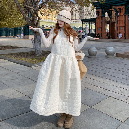 【ワンピース】韓国風  チェック柄  中綿入り ノースリーブワンピース 花びらシルエット レディース 秋冬新作【JZシリーズ】