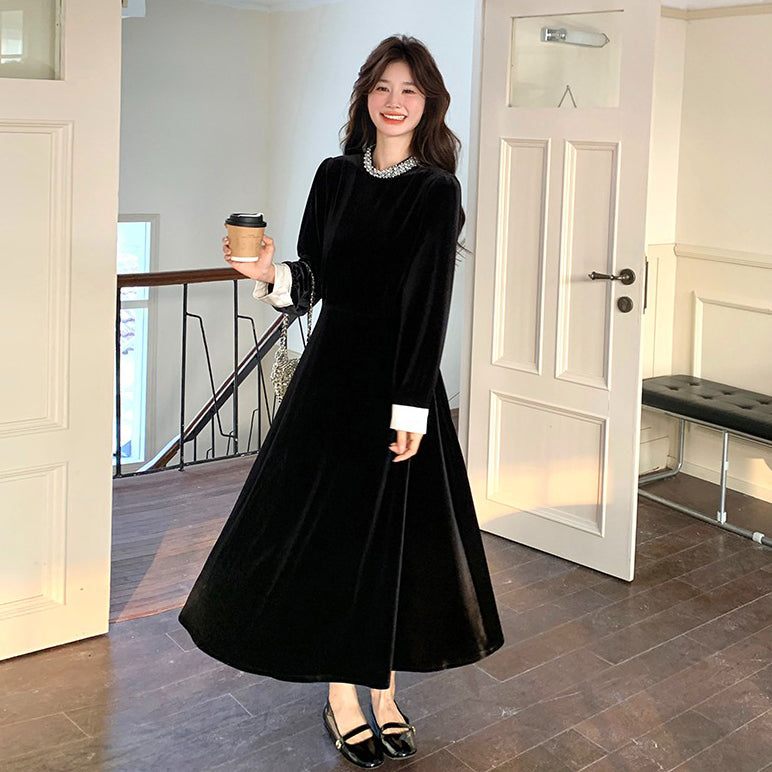 【ワンピース】💖高級感＆ロマンチック♡ヘップバーン風 ベルベット Aライン 長袖ワンピース【JZシリーズ】