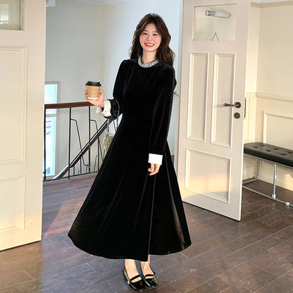【ワンピース】💖高級感＆ロマンチック♡ヘップバーン風 ベルベット Aライン 長袖ワンピース【JZシリーズ】