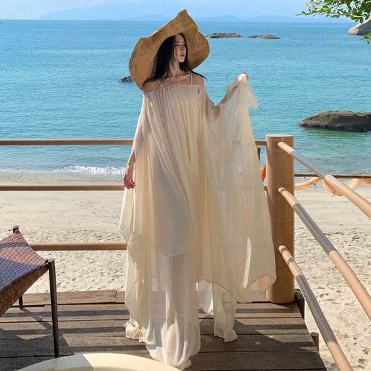 【セットアップ】海辺リゾート風 インナーキャミワンピ×シアーワンピース レイヤードセット ゆったりシルエット ロング丈 バカンスビーチドレス【SHシリーズ】