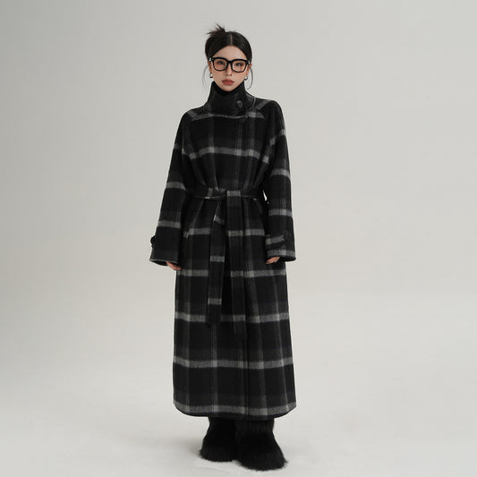 【アウター】上質 ウール100% ダブルフェイス コート レディース ロング丈 ネイビーチェック柄 秋冬 高級感【JZシリーズ】