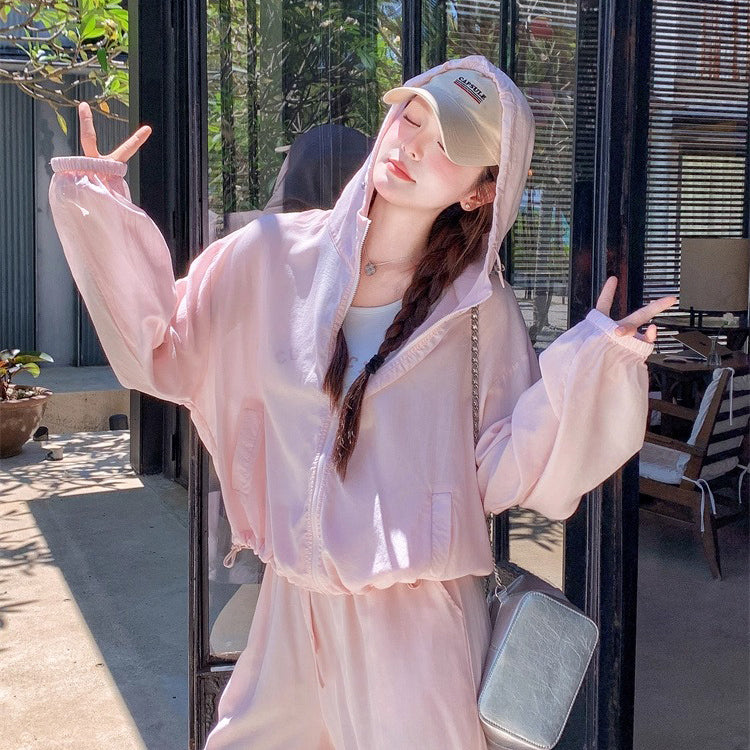 3点セット！【セットアップ】ゆる感たっぷり♡韓国風ピンクUVカットアウター+キャミ＋ショーパンセットアップ 夏の注目 上下セット【JZシリーズ】