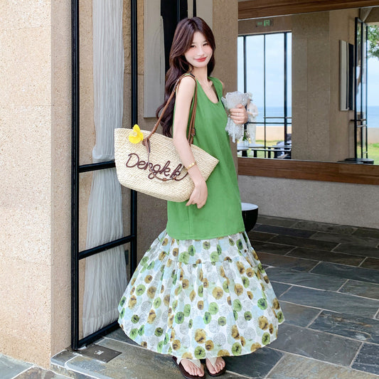 【セットアップ】ベスト×花柄フレアスカート上下セット レディース 夏新作 リラックス感 こなれ感 ゆったり おしゃれ【SHシリーズ】