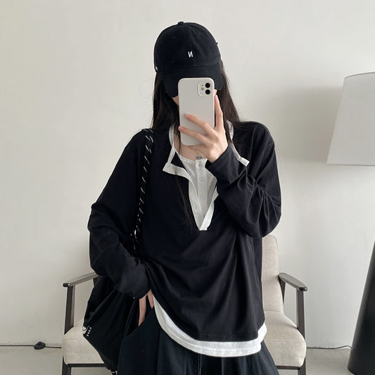 【トップス】フェイク2WAY 半開きカラー UVカット 長袖Tシャツ レディース 韓国デザイン ゆったり【FCシリーズ】