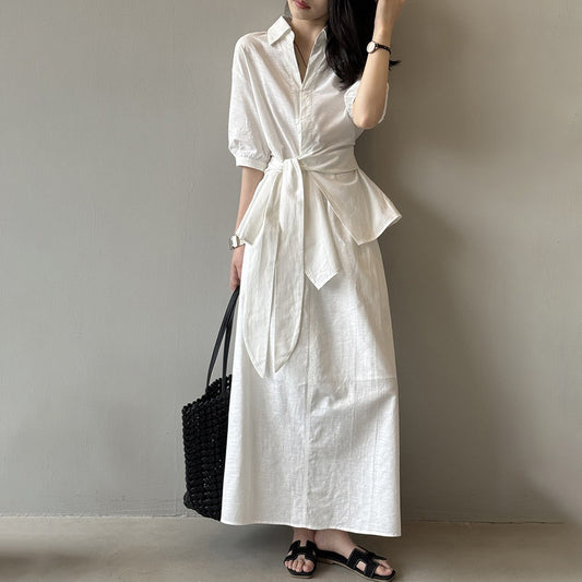 【セットアップ】フレンチエレガンス 麻素材ウエストリボンシャツ＋ミモレ丈スカート 上下セット【JZシリーズ】