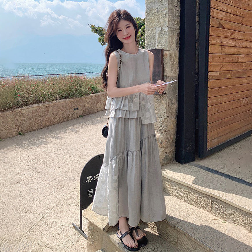 2点セット！【セットアップ】最近こればっかり着てる…♡ フリルベスト×スカート 上下セット グレー フレンチ風 夏リゾートコーデ きれいめ大人女子【JZシリーズ】