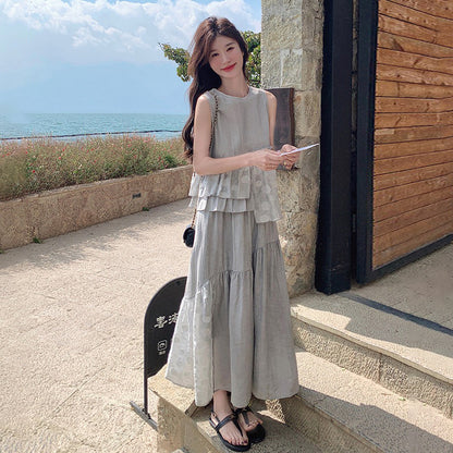 2点セット！【セットアップ】最近こればっかり着てる…♡ フリルベスト×スカート 上下セット グレー フレンチ風 夏リゾートコーデ きれいめ大人女子【JZシリーズ】