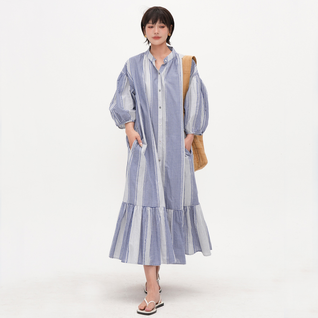 【ワンピース】【15～18日内発送】夏 ブルーストライプ Aライン ティードレス 半袖 ワンピース 【JZシリーズ】