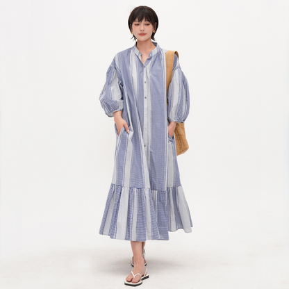 【ワンピース】【15～18日内発送】夏 ブルーストライプ Aライン ティードレス 半袖 ワンピース 【JZシリーズ】