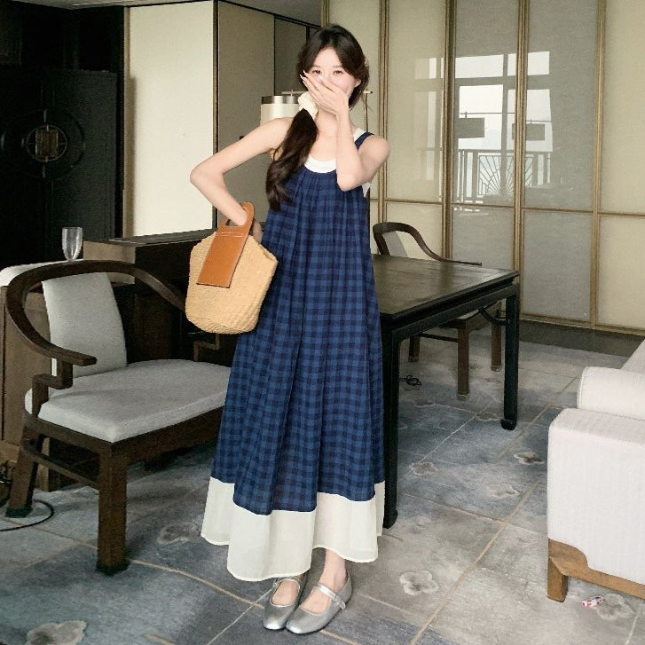【ワンピース】スクール風 ブルーチェックキャミワンピース ノースリーブワンピース レディース【SHシリーズ】