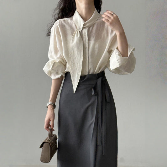 【トップス】春 秋 スカーフカラー 通勤 スリム見え ブラウス 【JZシリーズ】