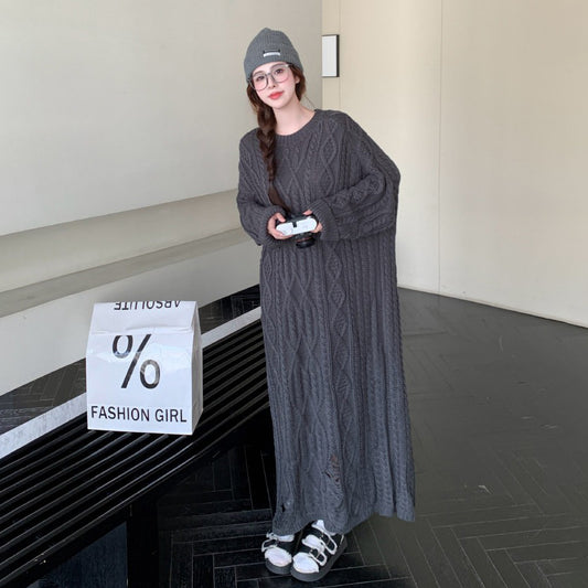 【ワンピース】大きいサイズダメージ加工ニットワンピース レディース 秋冬新作 クルーネック ゆったり ロング丈【JZシリーズ】