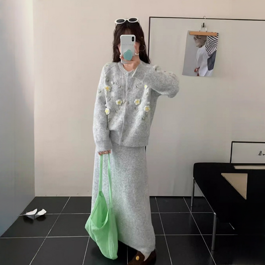 【セットアップ】春 秋 冬 立体刺繍フラワー +ハイウエスト ニットスカート 2点上下セット 【JZシリーズ】