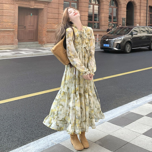 【ワンピース】フレンチ若見え フリル 花柄長袖ワンピース レディース 春秋 個性的で可愛い 大人気 超おしゃれ【SHシリーズ】