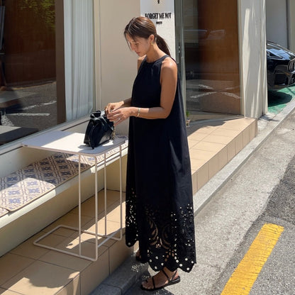 【ワンピース】透かし ノースリーブワンピース ゆったりシルエット レトロ ロングドレス【JZシリーズ】