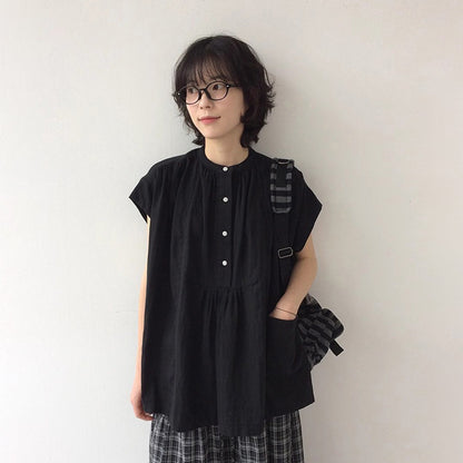 【トップス】韓国風 フレンチブラウス レディース 半袖 フリルデザイン ポケット付き ゆったり 上品トップス【JZシリーズ】
