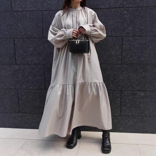 【ワンピース】 大きいサイズ対応ゆったり無地 長袖ワンピース 体型カバー 着痩せ ロング丈レディース服【15～20日内発送】