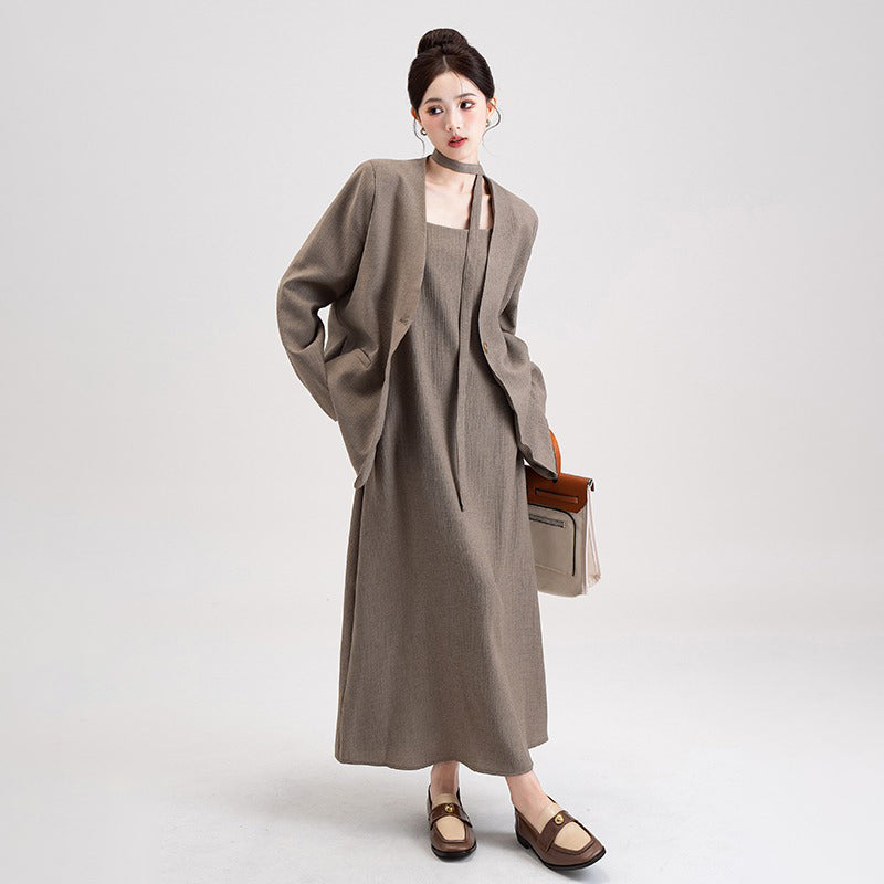 【セットアップ】韓国風 大人女子感 ジャケット＋キャミワンピース セット レディース ウエストベルト付き【シリーズ】