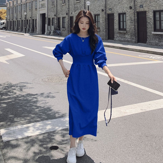 【ワンピース】ブルー丸首スウェットワンピース レディース 春秋新作 韓国風 ゆったり 気質 ウエストマーク 長袖ワンピース【JZシリーズ】