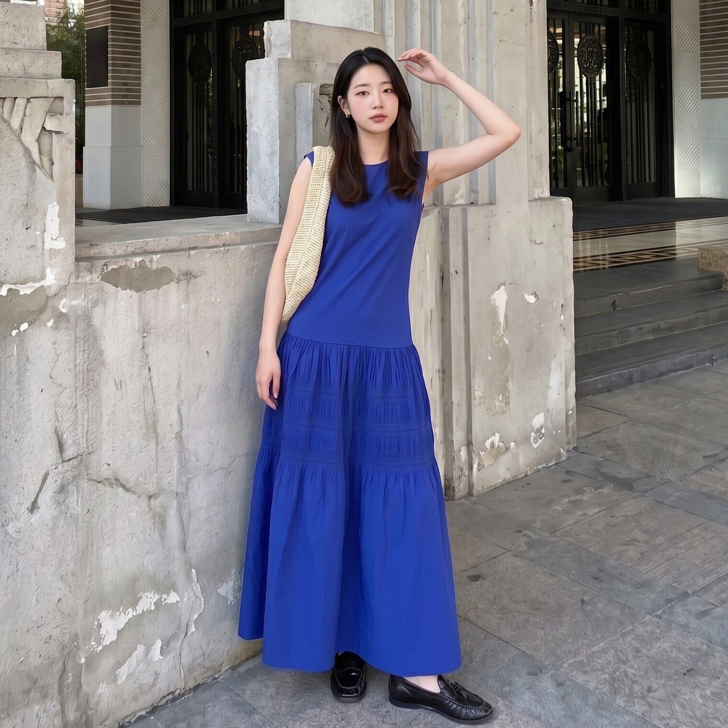 【ワンピース】ワンピース 夏 フレンチレトロ クラインブルー ノースリーブ キャミ ティアード ロング丈 ゆったり レディース【JZシリーズ】【30~35日内発送】