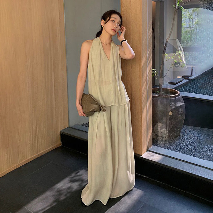 2点セット！【セットアップ】夏 エレガント ハイネック タンクトップ＋ワイドレッグスカート上下セット【JZシリーズ】