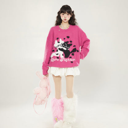 【トップス】ローズレッド 猫 ふわふわニット レディース 秋冬 クルーネック ゆったり 上品 プルオーバー【FCシリーズ】