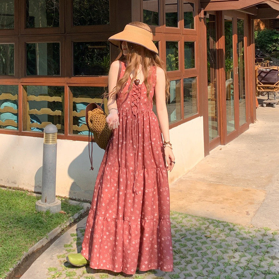 M~4XL【セットアップ】【単品注文】フレンチシック花柄ワンピース レディース 夏 キャミソールロングワンピース リゾートスタイル ウエストリボン エレガント【SHシリーズ】