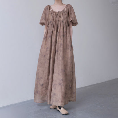 【ワンピース】新中式 禅スタイル 枯色染め アート感漂う 半袖ワンピース【SHシリーズ】