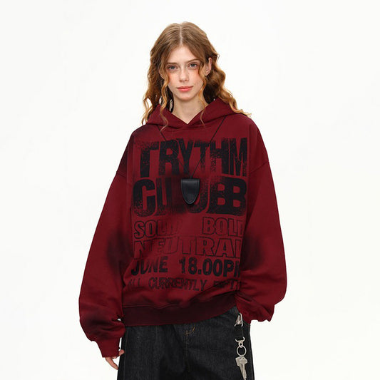 【トップス】ウォッシュ加工 ヘビーウェイト ロゴプリント フード付きスウェット レッド 男女兼用 秋冬 パーカー【FCシリーズ】