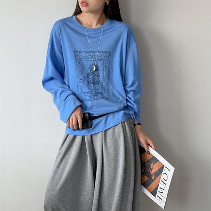 【トップス】ゆったり プリント クルーネック 長袖 カジュアルTシャツ 【JZシリーズ】