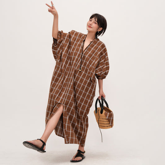 【ワンピース】チェック柄 半袖ワンピース  アート風 レトロ ゆったり 夏用 大きいサイズ プルオーバー カジュアル【SHシリーズ】【JZシリーズ】