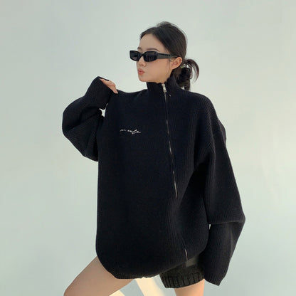 【トップス】ゆる感◎斜めジップ ニット・セーター レディース 重厚でおしゃれなデザイン【FCシリーズ】