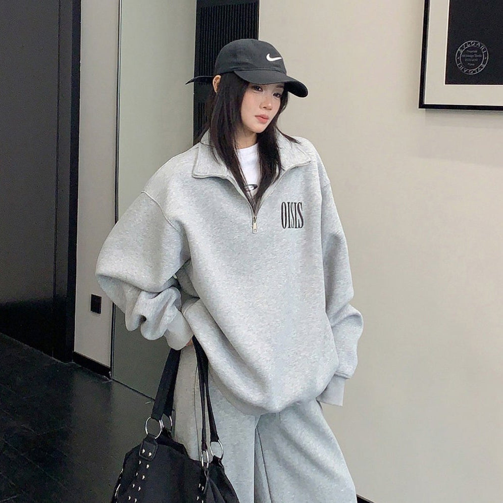 【セットアップ】【単品注文】アメリカンカジュアル ルーズシルエット ヴィンテージ スタンドカラー スウェット+パンツ 上下セット【FCシリーズ】