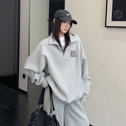 【セットアップ】【単品注文】アメリカンカジュアル ルーズシルエット ヴィンテージ スタンドカラー スウェット+パンツ 上下セット【FCシリーズ】