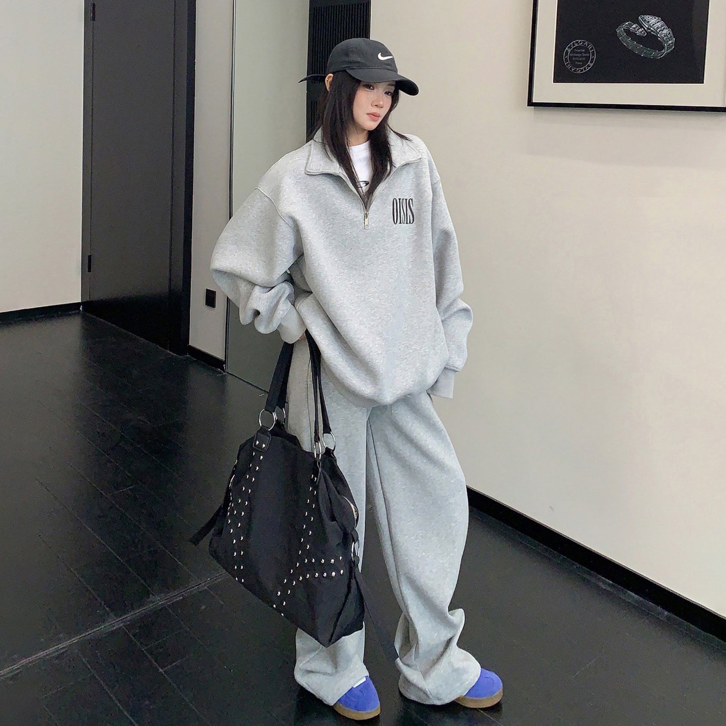 【セットアップ】【単品注文】アメリカンカジュアル ルーズシルエット ヴィンテージ スタンドカラー スウェット+パンツ 上下セット【FCシリーズ】