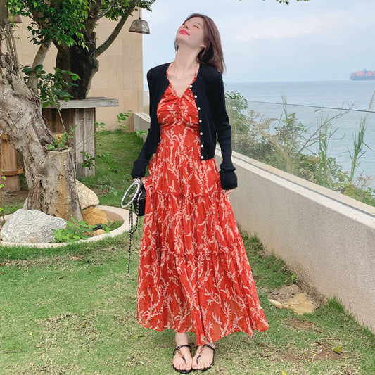 2点セット！【セットアップ】カーディガン＋キャミワンピース セットアップ レディース 夏 フラワープリント ロングワンピース リゾート UV対策 2点セット【SHシリーズ】