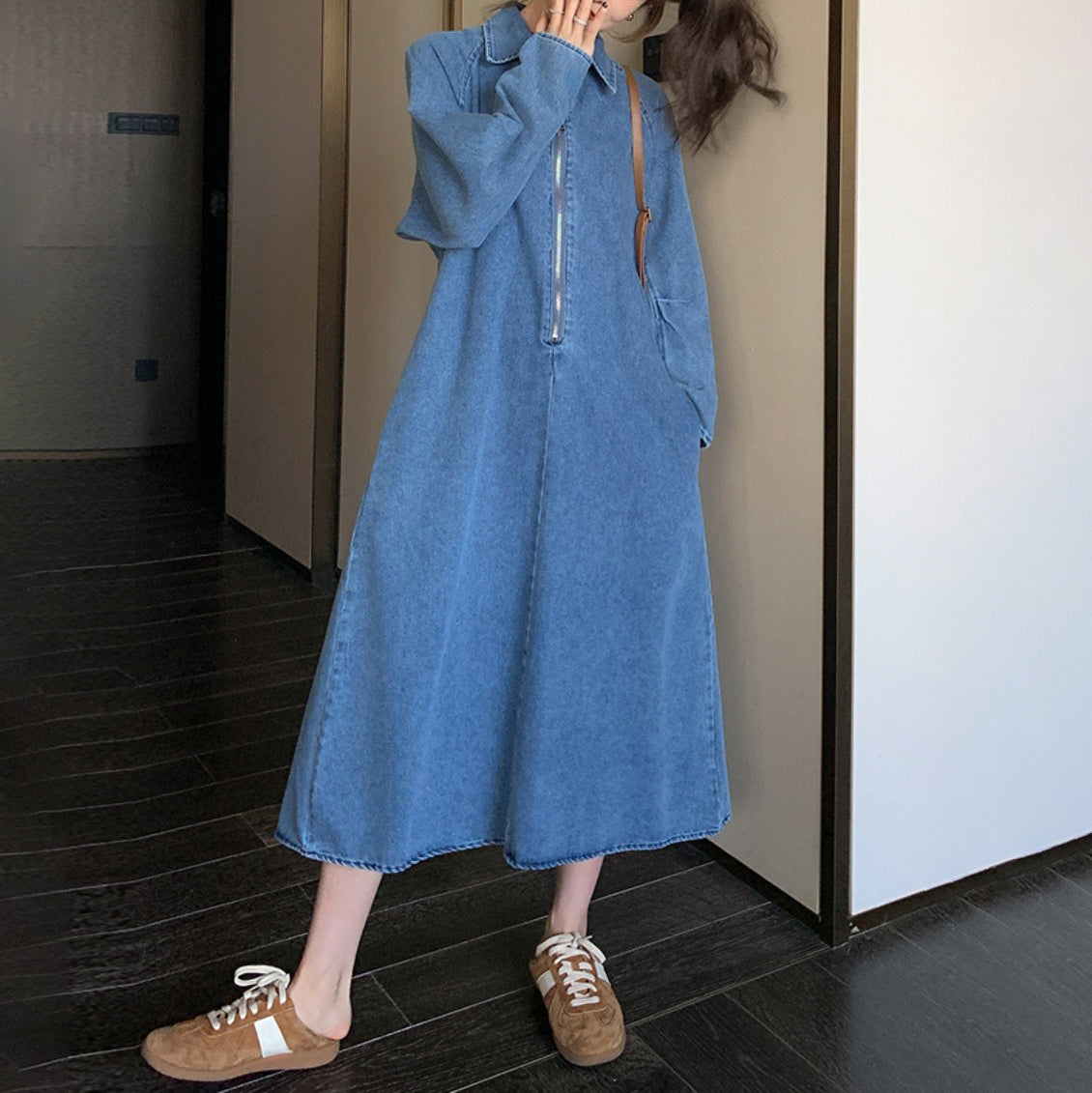 【24AW】【ワンピース】人気トレンド 着痩せ お腹カバー デニム 長袖ワンピース