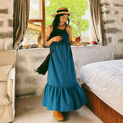 【ワンピース】ビーチリゾート 夏 ヴィンテージ風 ゆったり 無地ノースリーブワンピース【JZシリーズ】