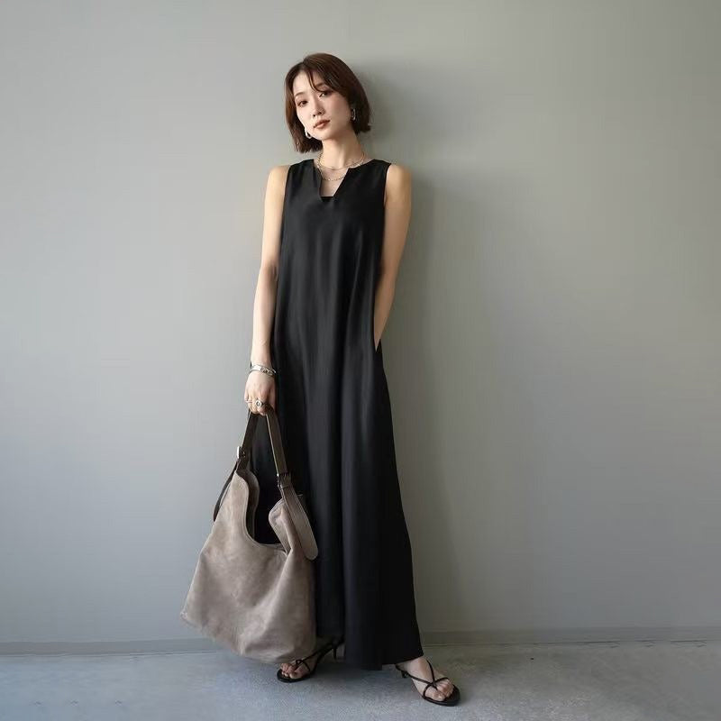 【ワンピース】ナチュラル 韓国風 シンプル ノースリーブ 無地 Vネック リネンライク キャミワンピース レディース 夏 森系 ゆったり ロングワンピース【JZシリーズ】
