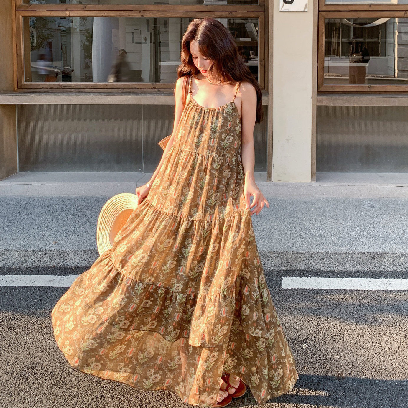 【ワンピース】夏新作 フレンチエレガンス 花柄 ノースリーブ キャミワンピース旅行 リゾート 海辺映え ロングドレス【SHシリーズ】