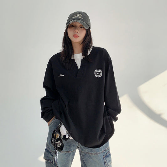 【トップス】春秋新作 デザイン感 レイヤード風 刺繍 長袖Tシャツ【FCシリーズ】