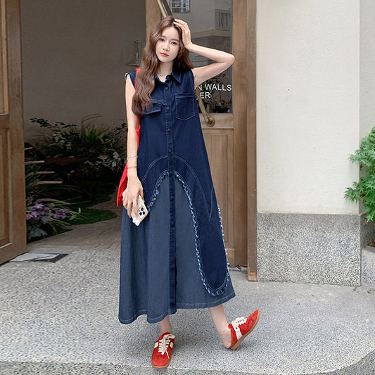 【ワンピース】フェイクレイヤードデニムノースリーブワンピース レディース 夏新作 韓国風 おしゃれロングドレス【JZシリーズ】