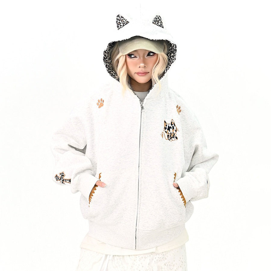 【アウター】レオパード柄 猫耳 フードジップアップ スウェット レディース ゆったりBF風 カジュアルジャケット【シリーズ】