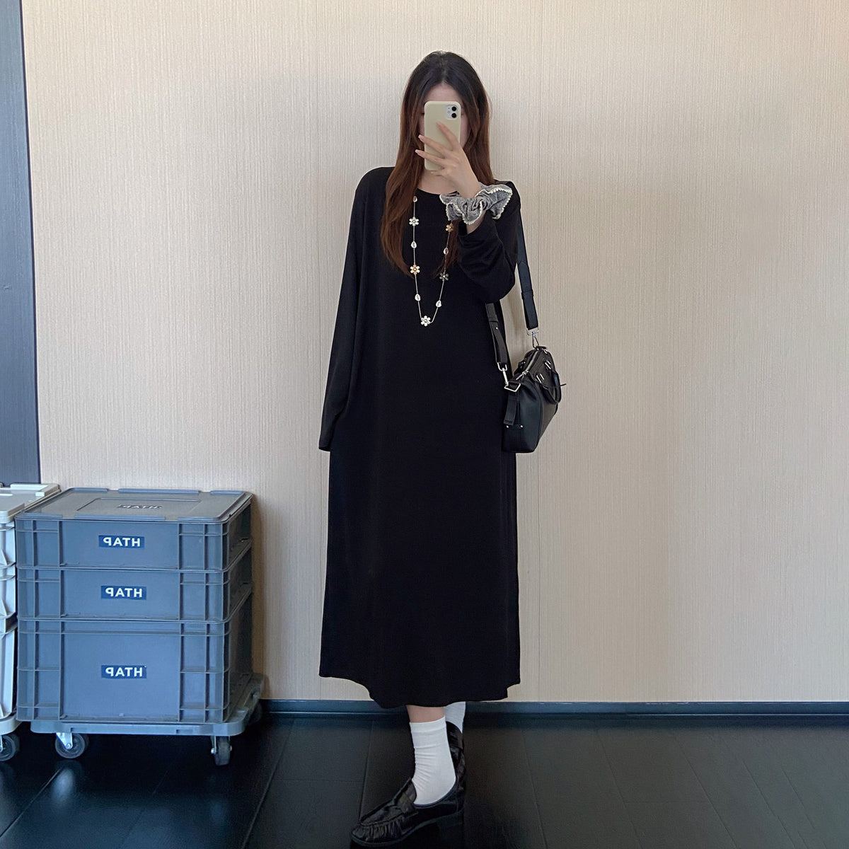 【ワンピース】シンプルロングワンピース レディース 秋冬新作 長袖 ゆったり レイヤードコーデ フレンチ風【JZシリーズ】